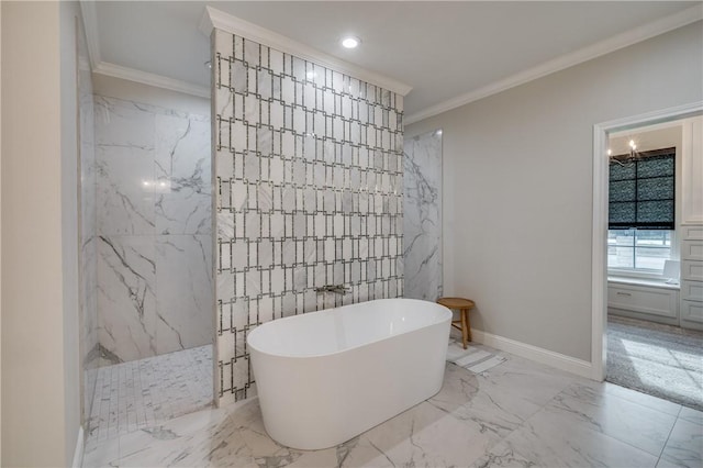 bathroom with independent shower and bath and ornamental molding