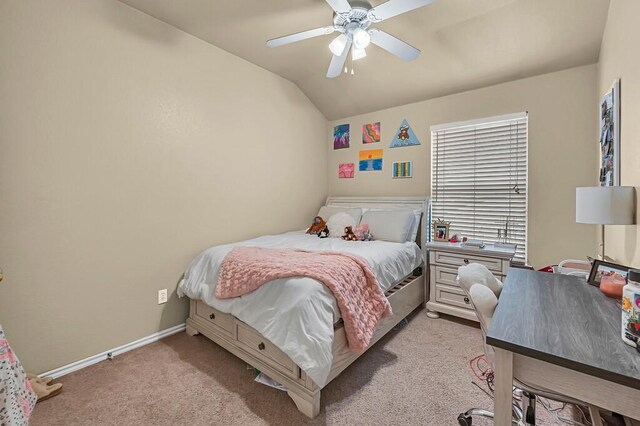 bedroom with lofted ceiling, carpet floors, ceiling fan, and baseboards