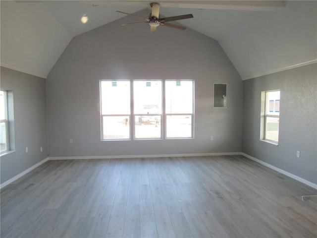 interior space featuring lofted ceiling, electric panel, ceiling fan, and light hardwood / wood-style flooring