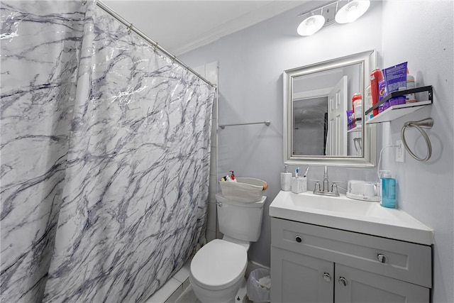 bathroom featuring vanity, toilet, crown molding, and walk in shower