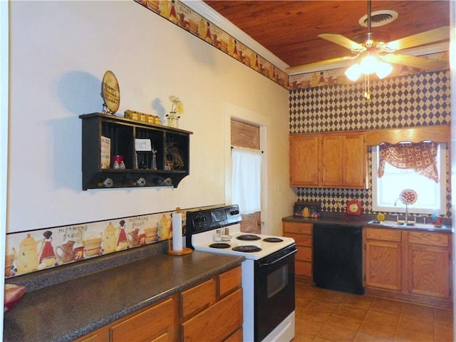 kitchen with backsplash, ceiling fan, sink, white electric stove, and black dishwasher