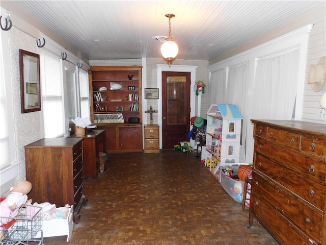 corridor featuring dark parquet floors