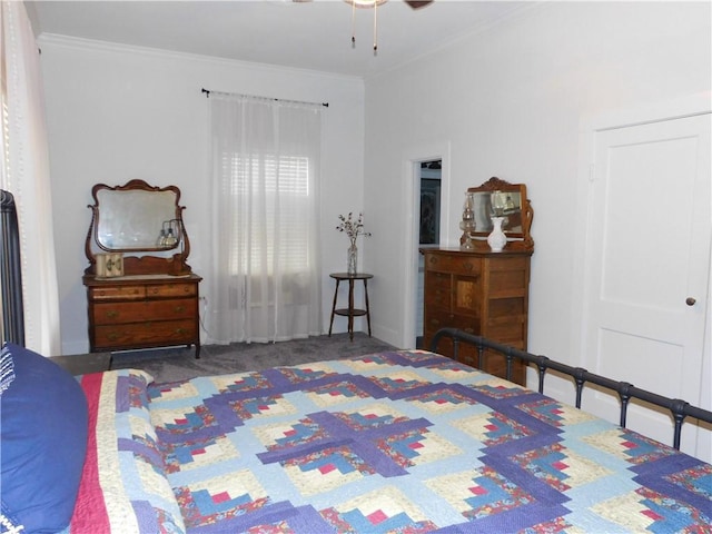 bedroom with ceiling fan and ornamental molding