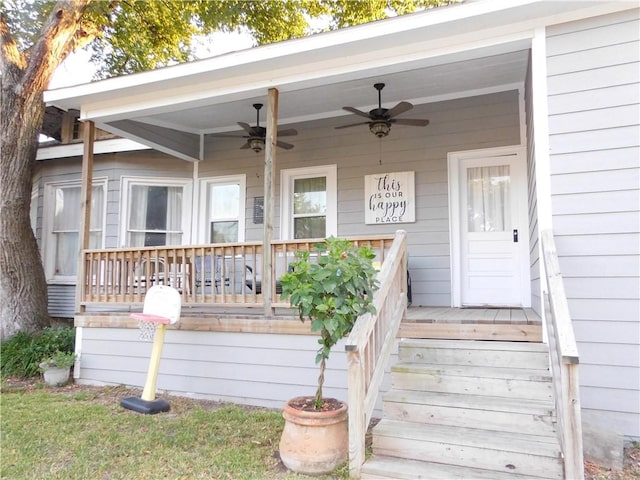 property entrance with a porch and ceiling fan