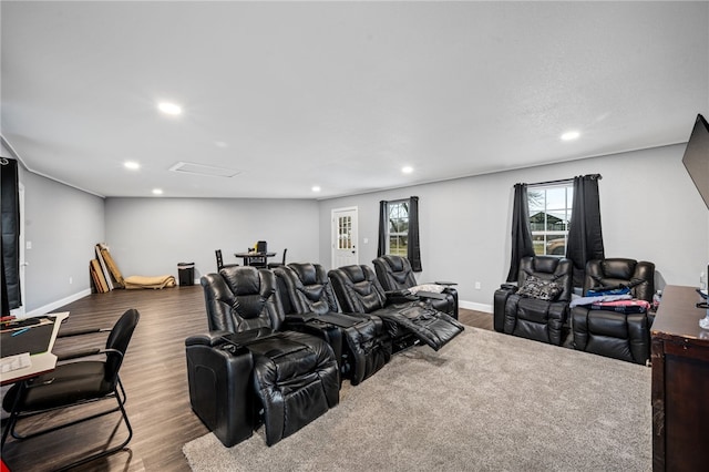 home theater room featuring wood-type flooring