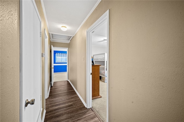 hall with dark hardwood / wood-style flooring and ornamental molding