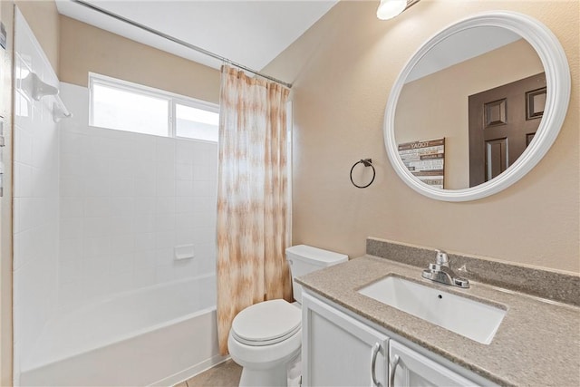 full bathroom with shower / bath combination with curtain, vanity, toilet, and tile patterned flooring