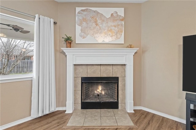 room details featuring hardwood / wood-style flooring and a fireplace