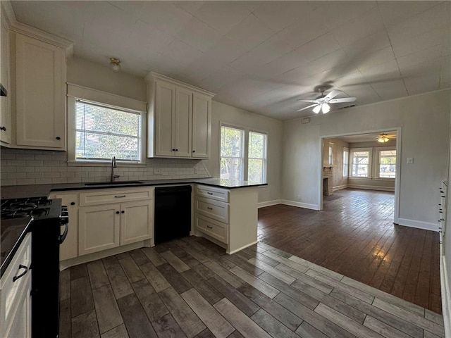 kitchen with black appliances, a healthy amount of sunlight, dark hardwood / wood-style flooring, and sink