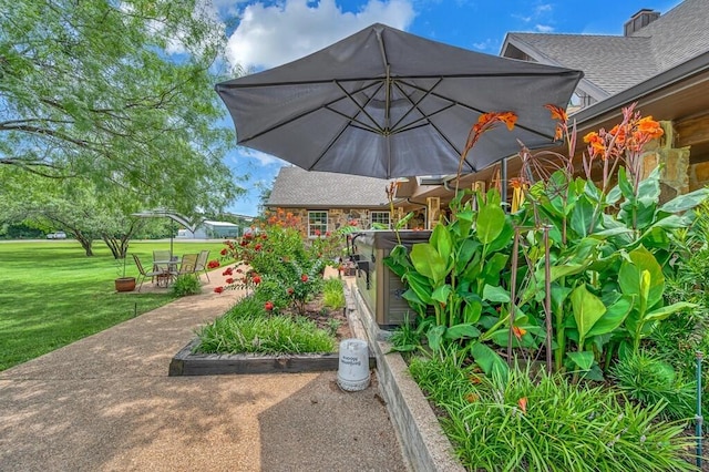 view of yard with a patio and a hot tub