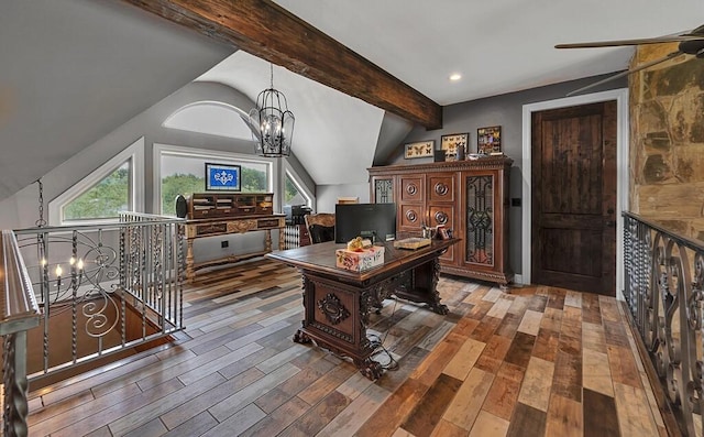 home office with a notable chandelier, lofted ceiling with beams, and wood-type flooring