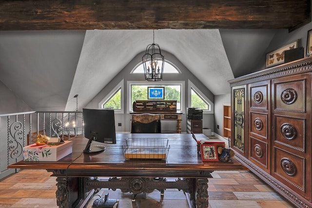 home office with a chandelier and lofted ceiling