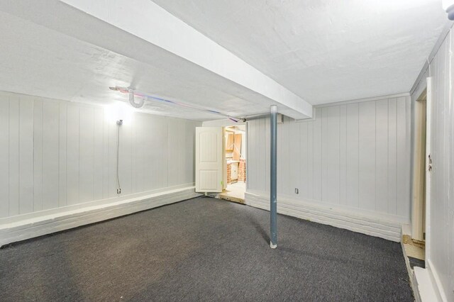 basement featuring wood walls and dark carpet