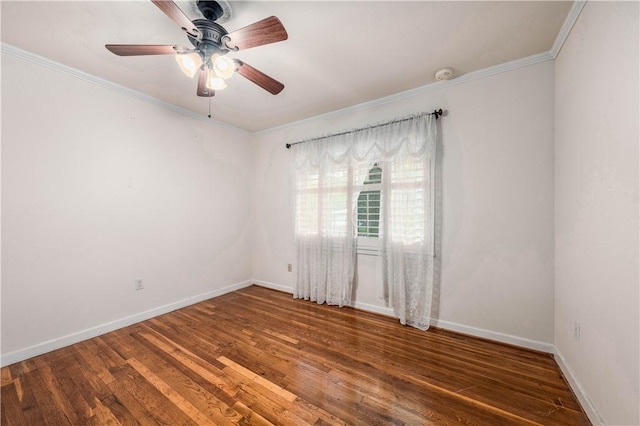 unfurnished room featuring crown molding, ceiling fan, and dark hardwood / wood-style flooring