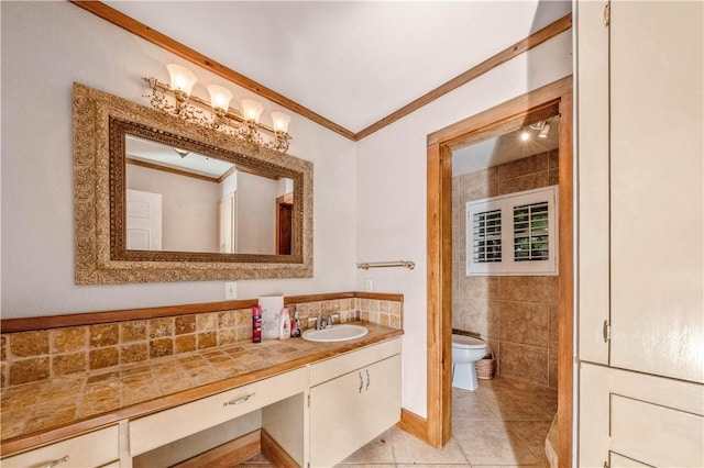 bathroom featuring tile patterned flooring, backsplash, tile walls, ornamental molding, and toilet