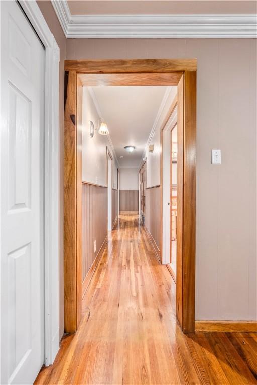 hall with ornamental molding and light wood-type flooring