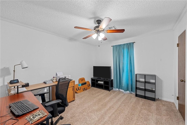 carpeted office space with crown molding, ceiling fan, and a textured ceiling