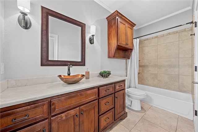 full bathroom featuring shower / tub combo with curtain, tile patterned floors, toilet, crown molding, and vanity