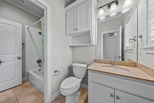 full bathroom with vanity, tile patterned floors, toilet, and washtub / shower combination