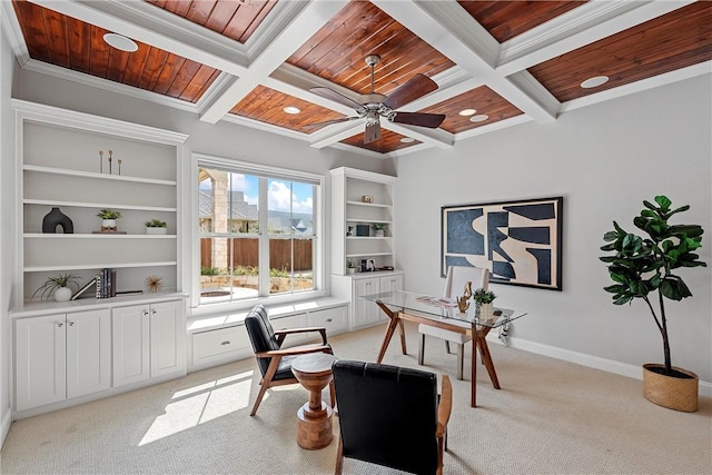 carpeted office space with beamed ceiling, crown molding, coffered ceiling, and wood ceiling