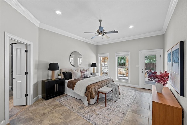 bedroom featuring ornamental molding, access to exterior, and ceiling fan