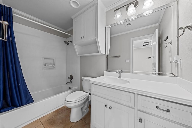 full bathroom with toilet, crown molding, shower / tub combo, vanity, and tile patterned flooring