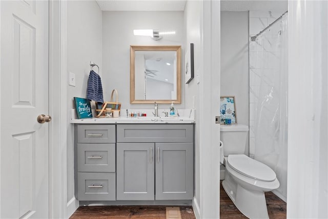 bathroom featuring hardwood / wood-style flooring, vanity, a shower with shower curtain, and toilet