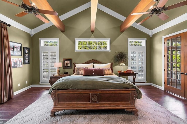 bedroom featuring lofted ceiling with beams, access to outside, and wood finished floors