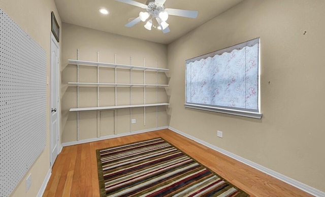 storage room with a ceiling fan