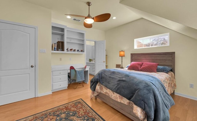 bedroom with visible vents, recessed lighting, light wood finished floors, baseboards, and built in study area