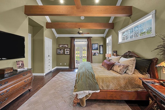 bedroom featuring baseboards, vaulted ceiling with beams, dark wood-style flooring, french doors, and access to outside