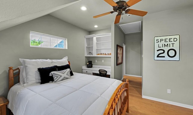 bedroom featuring baseboards, light wood finished floors, recessed lighting, ceiling fan, and vaulted ceiling