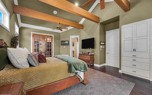 bedroom featuring lofted ceiling with beams, dark wood finished floors, french doors, baseboards, and ceiling fan