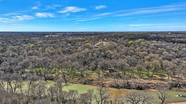 aerial view featuring a forest view and a water view