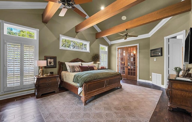 bedroom with hardwood / wood-style flooring, vaulted ceiling with beams, and visible vents