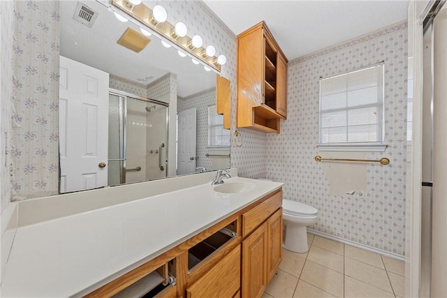 bathroom with wallpapered walls, visible vents, toilet, a shower with door, and tile patterned floors