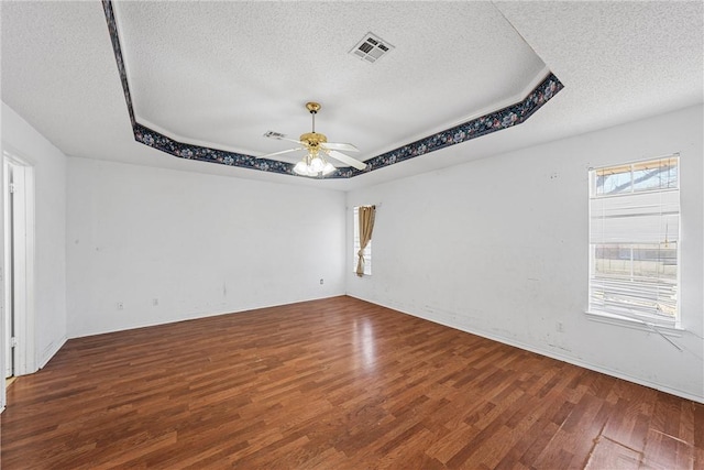 spare room featuring a raised ceiling, plenty of natural light, and wood finished floors