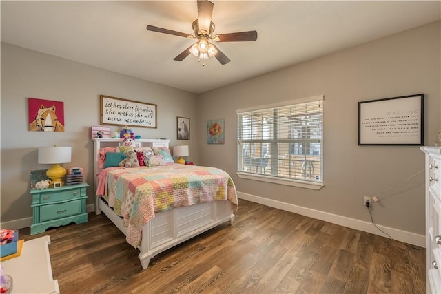 bedroom featuring ceiling fan and dark hardwood / wood-style flooring