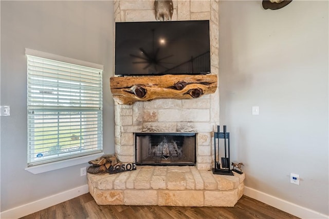 room details featuring hardwood / wood-style flooring and a stone fireplace