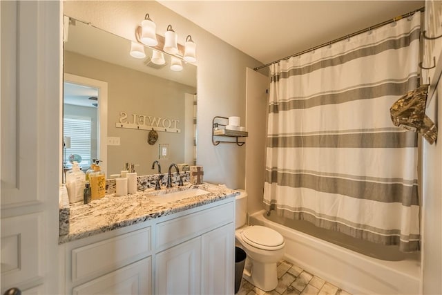 full bathroom featuring vanity, toilet, and shower / bathtub combination with curtain