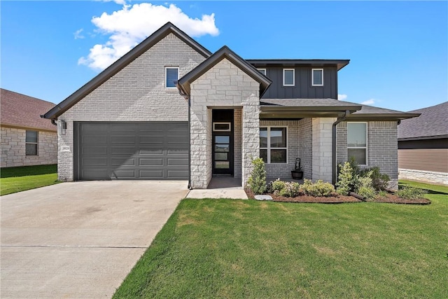 view of front of property featuring a garage, driveway, brick siding, board and batten siding, and a front yard