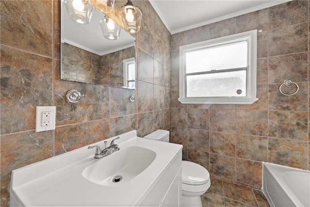 bathroom featuring a tub to relax in, toilet, and tile walls