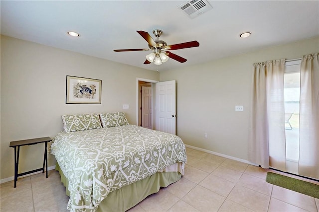 bedroom with light tile patterned floors and ceiling fan