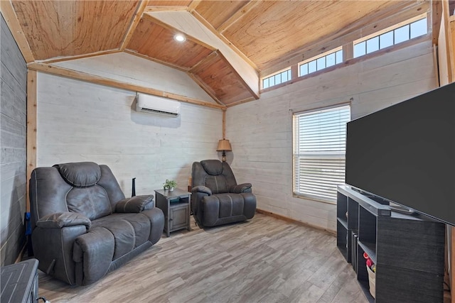 living room with wood-type flooring, lofted ceiling, a wall mounted air conditioner, and wood ceiling