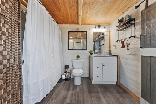 bathroom featuring wood ceiling, vanity, toilet, and hardwood / wood-style flooring