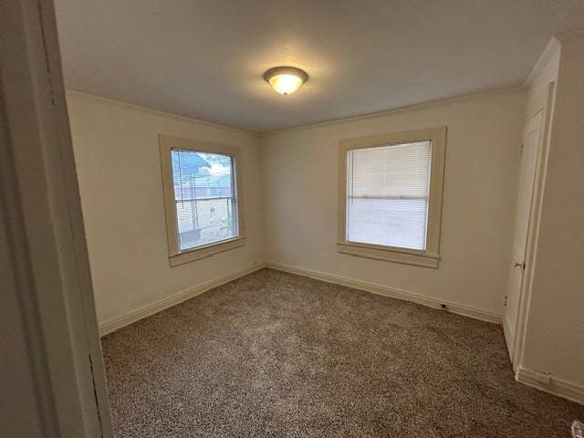 unfurnished room with carpet floors and ornamental molding