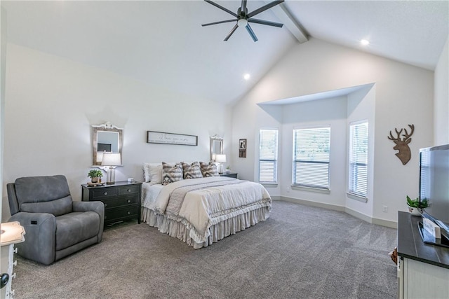 bedroom featuring beamed ceiling, carpet floors, high vaulted ceiling, and ceiling fan