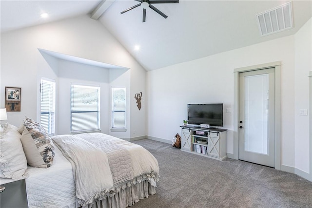 bedroom featuring beam ceiling, ceiling fan, carpet floors, and high vaulted ceiling