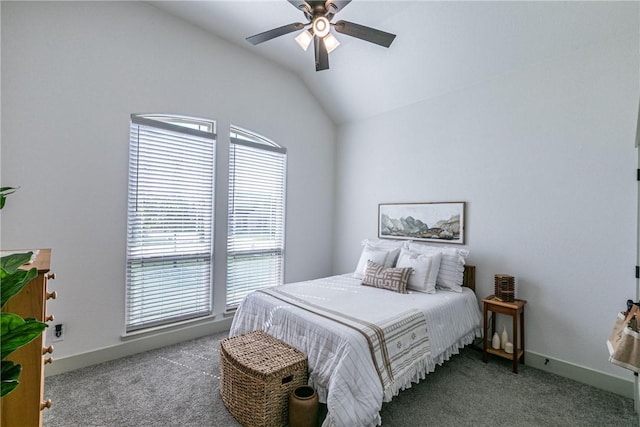 bedroom with carpet, vaulted ceiling, and ceiling fan