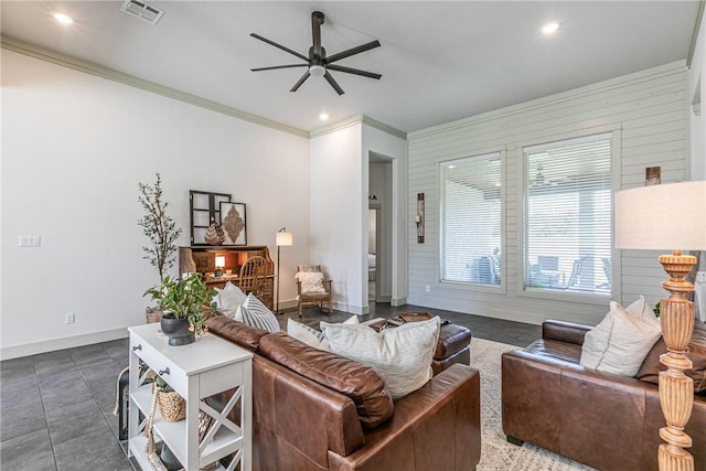 living room with ceiling fan and crown molding